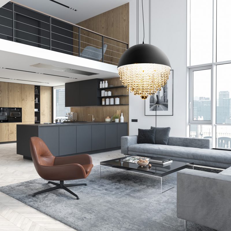 3d rendering. loft apartment with living room and kitchen.